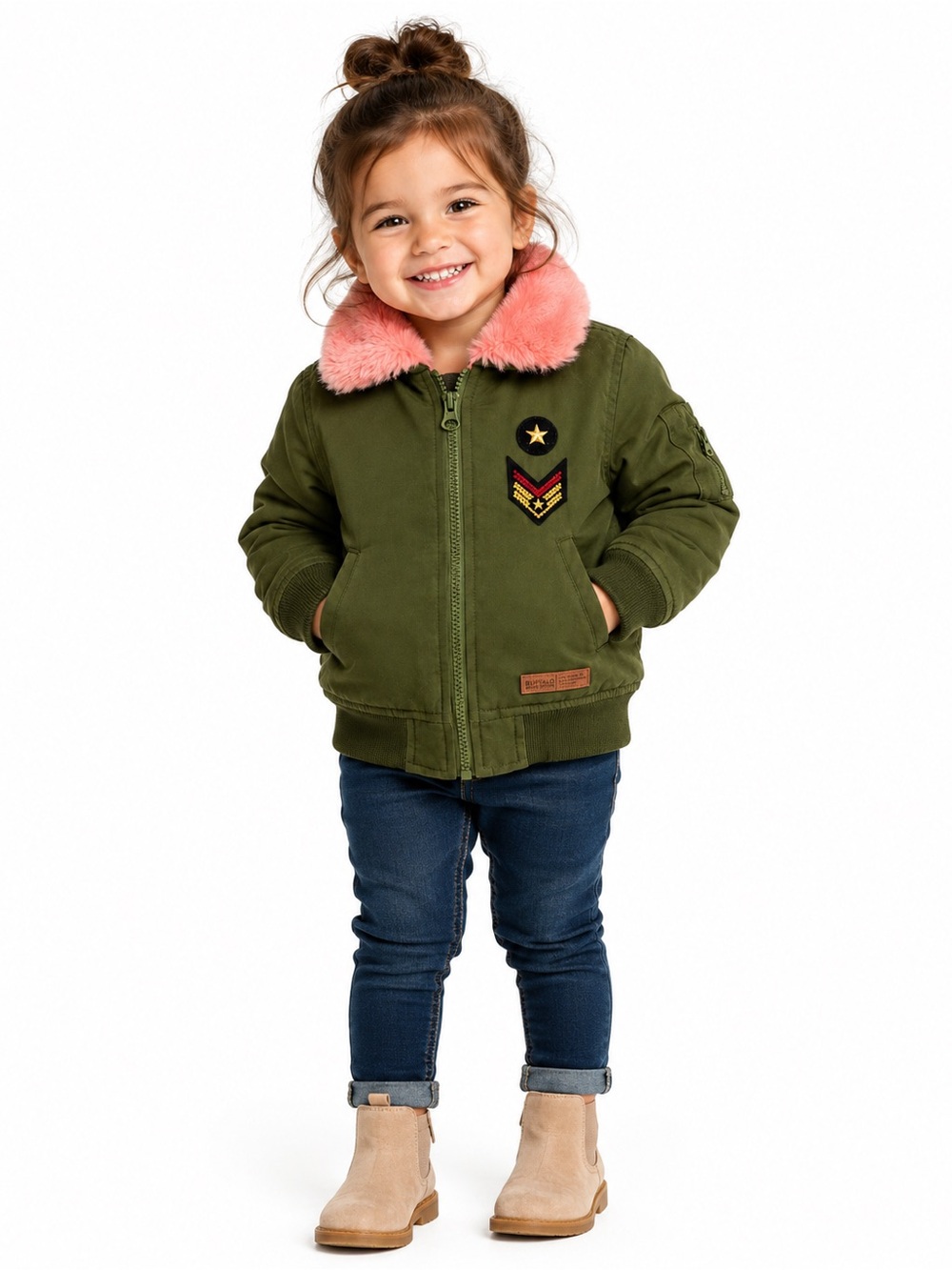 Buffalo David Bitton Toddler Girls 2T Bomber Jacket Pink Faux Fur Collar Olive